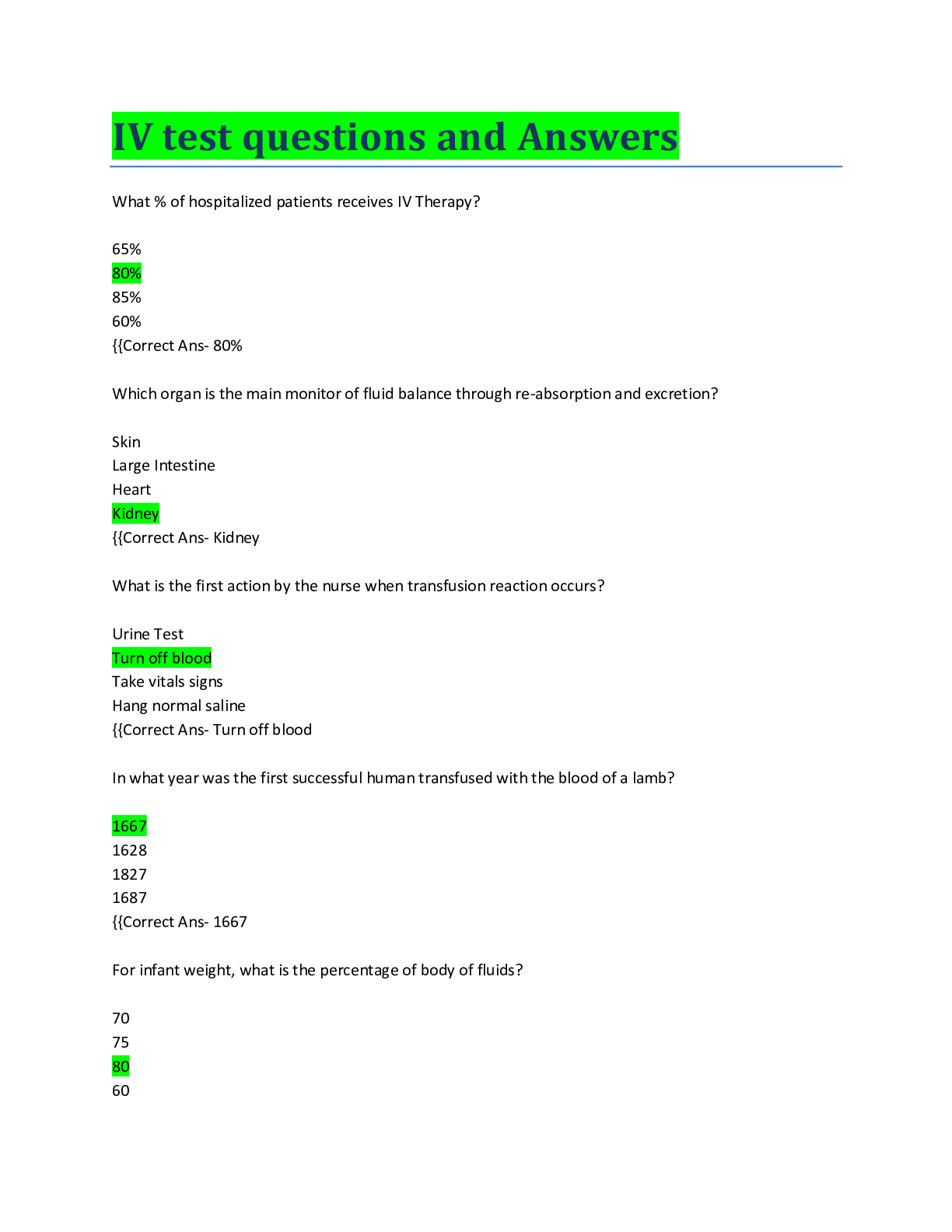 Preview image of IV test questions and Answers document